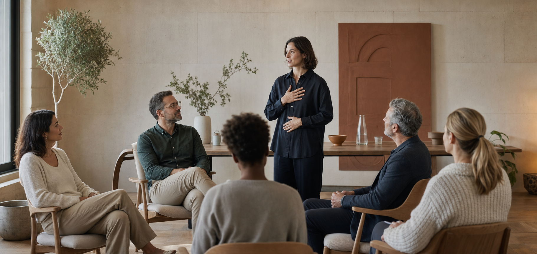 A calm professional facilitation session in a refined workplace studio