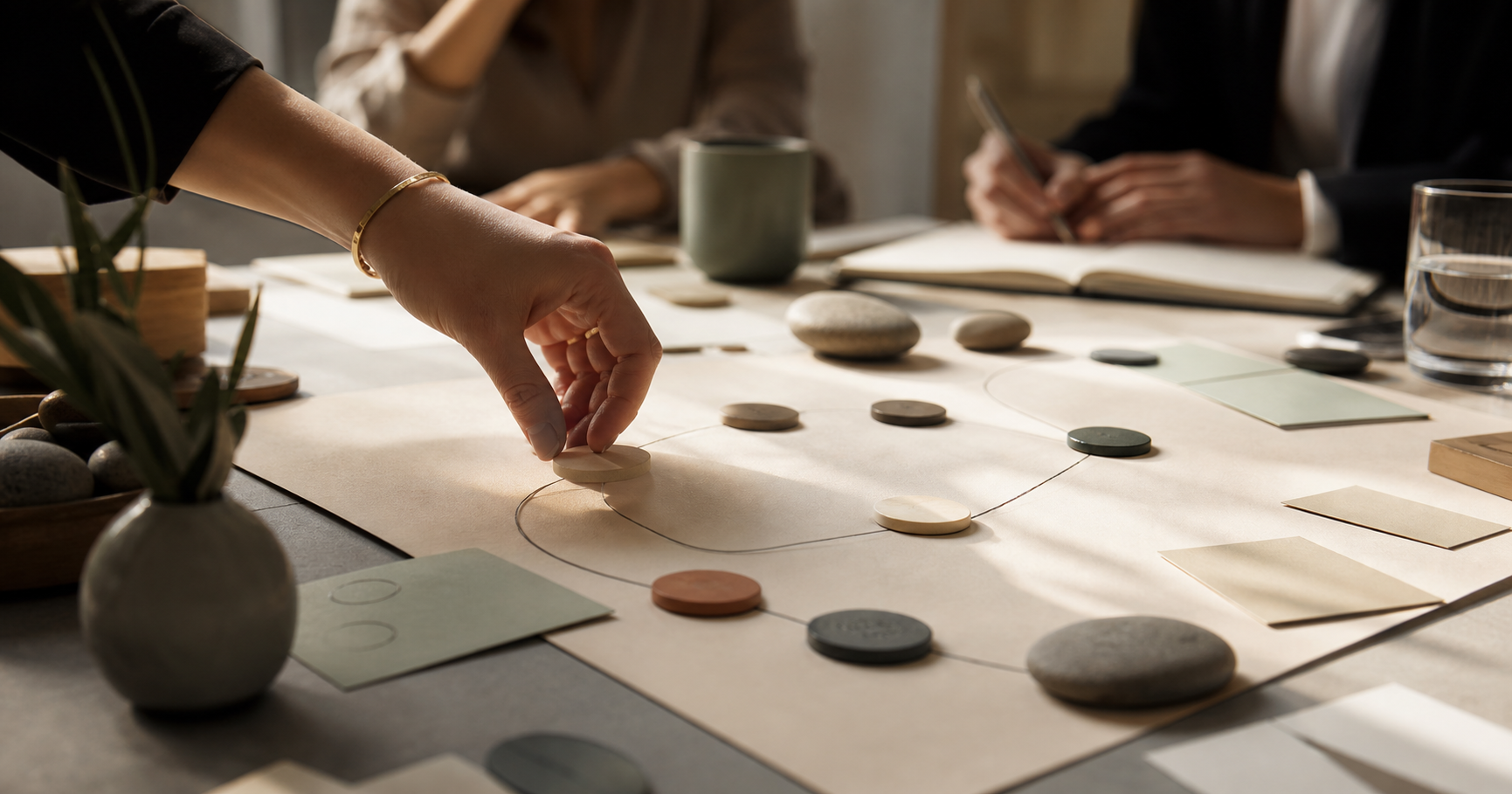A premium workshop table with tactile process markers and soft daylight