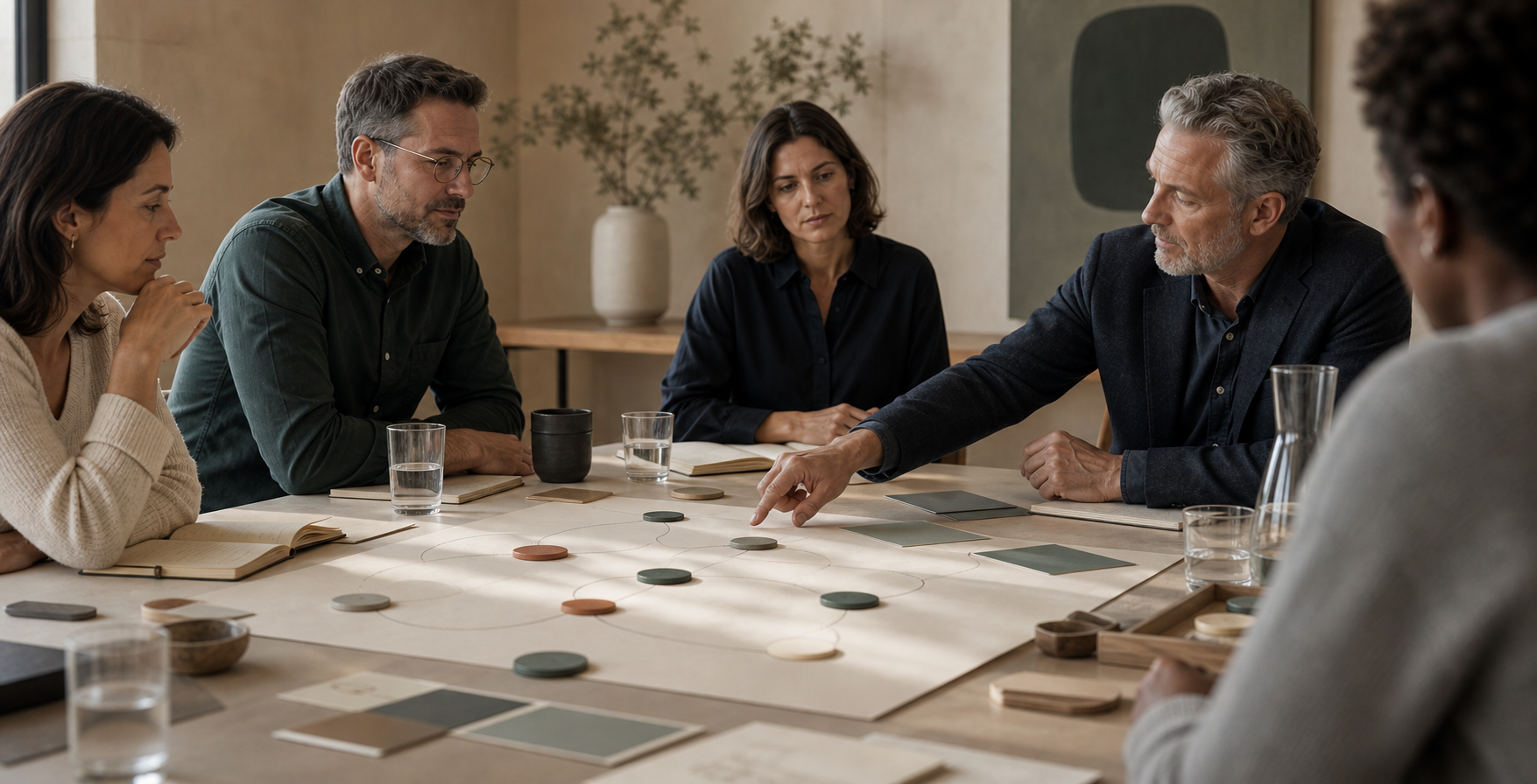 A calm team diagnostic workshop around a premium process table